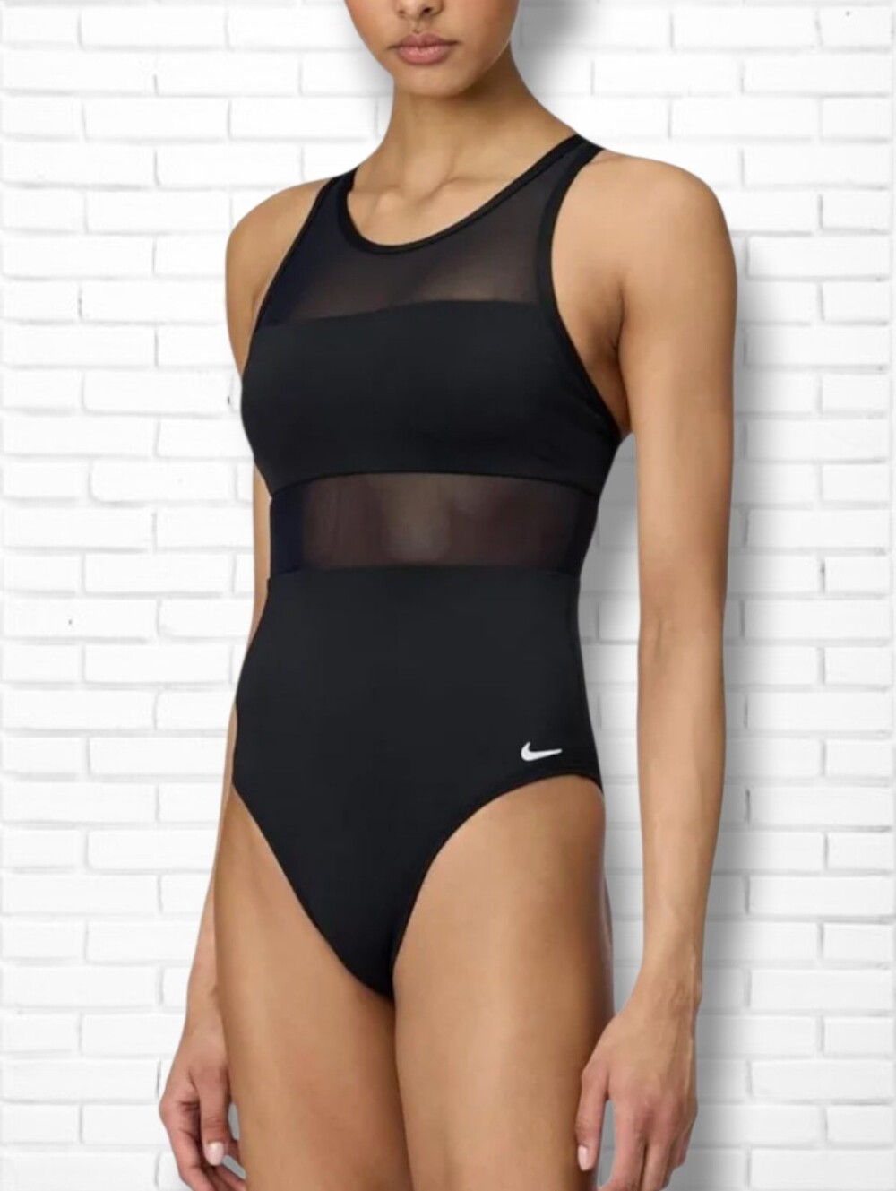 NEW-Nike Women's Black Mesh V Back One Piece Swimsuit Size L
